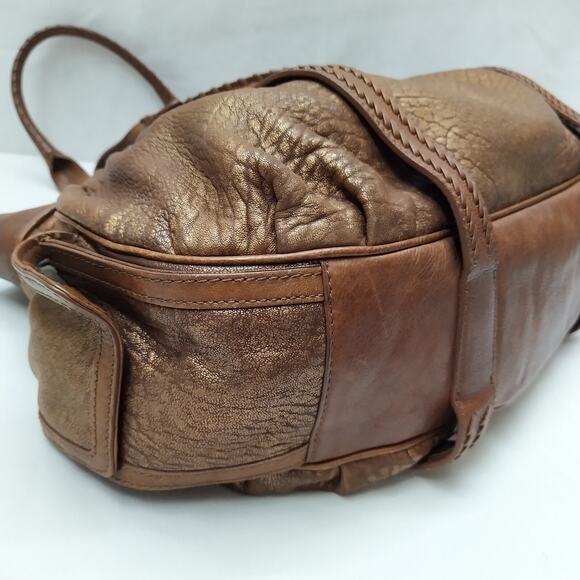 Cole Haan Metallic Brown Leather Double Handles Zippper Satchel Shoulder Bag - Picture 13 of 16